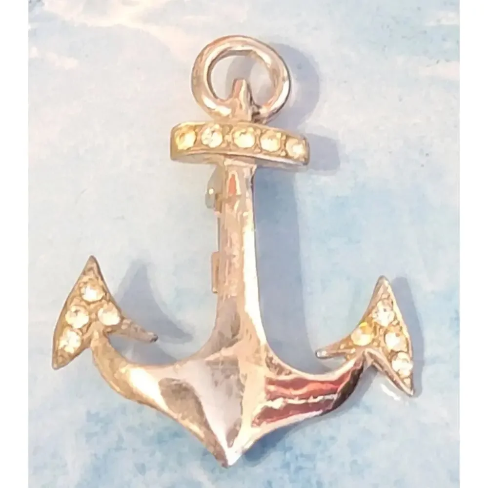 Vintage Rhinestone Anchor Brooch Pin 2